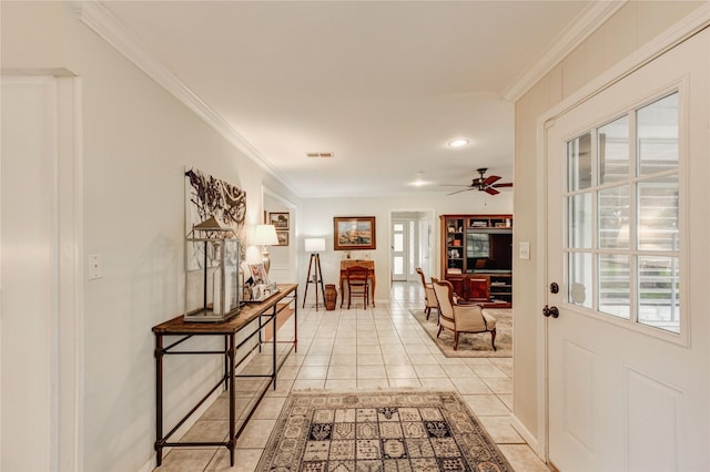 2602 Briarbrook Dr, Houston, TX 77042 - foyer featuring light tile patterned floors, crown molding, ceiling fan, and recessed lighting