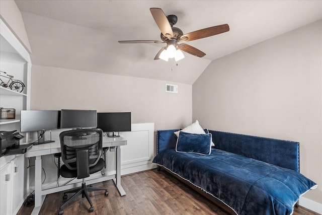 8307 Amber Cove Dr, Atascocita, TX 77346 - bedroom with wood finished floors, vaulted ceiling, an office area, and a ceiling fan