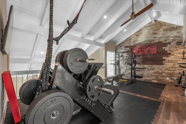 8307 Amber Cove Dr, Atascocita, TX 77346 - exercise area featuring vaulted ceiling, wood finished floors, a ceiling fan, and wooden ceiling