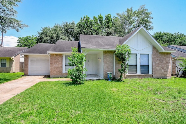 6915 Jeb Stuart Dr, Richmond, TX 77469 - ranch-style house featuring concrete driveway, a garage, brick siding, and a front yard