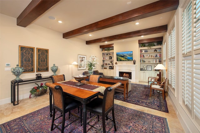 25 N Creekside Ct, Houston, TX 77055 - dining space featuring recessed lighting, a warm lit fireplace, beamed ceiling, and built in shelves