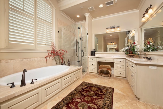 25 N Creekside Ct, Houston, TX 77055 - full bath with vanity, ornamental molding, a garden tub, and a shower stall
