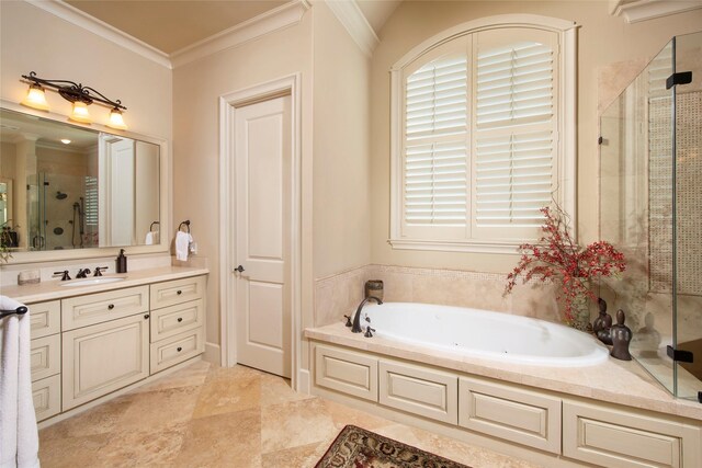 25 N Creekside Ct, Houston, TX 77055 - bathroom with a shower stall, vanity, a whirlpool tub, ornamental molding, and plenty of natural light