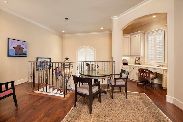 25 N Creekside Ct, Houston, TX 77055 - dining area featuring dark wood-style flooring, ornamental molding, a desk, recessed lighting, and arched walkways