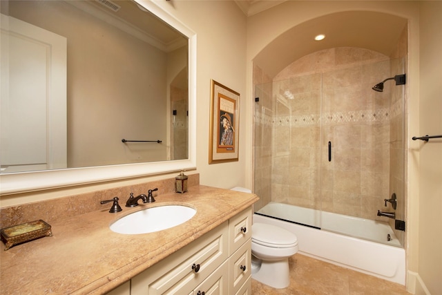 25 N Creekside Ct, Houston, TX 77055 - full bath with vanity, bath / shower combo with glass door, ornamental molding, and tile patterned flooring