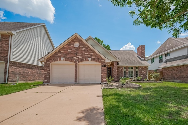 5814 N Magazine Cir, Houston, TX 77084 - view of front of house with a garage, driveway, brick siding, a front yard, and a chimney