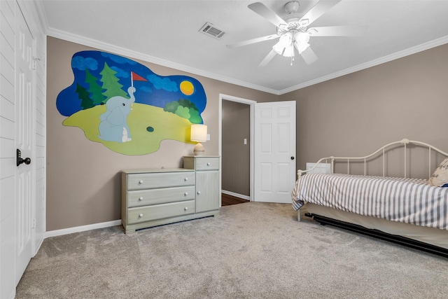 17427 Pinewood Forest Dr, Spring, TX 77379 - bedroom featuring ornamental molding, carpet, and a ceiling fan