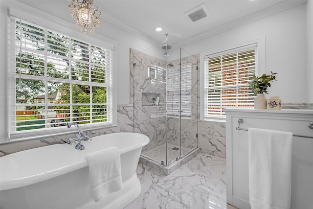 2539 Addison Rd, Houston, TX 77030 - full bathroom featuring crown molding, a marble finish shower, a freestanding tub, marble tiled floors, and a chandelier