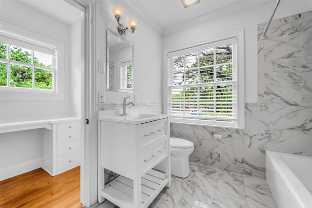 2539 Addison Rd, Houston, TX 77030 - full bath featuring vanity, plenty of natural light, a bath, crown molding, and a marble finish shower