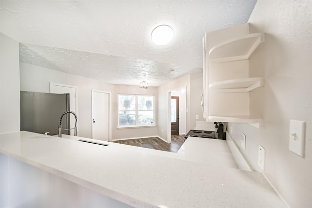 15806 Pfeiffer Dr, Houston, TX 77082 - kitchen featuring freestanding refrigerator, a textured ceiling, open shelves, electric range oven, and light countertops