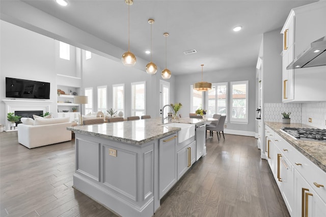 33 Violet Sunset Ln, Tomball, TX 77375 - kitchen featuring appliances with stainless steel finishes, white cabinets, a center island with sink, recessed lighting, and wood finished floors