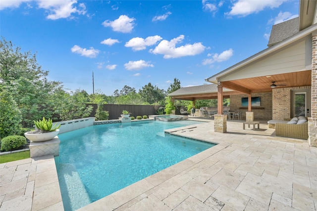 33 Violet Sunset Ln, Tomball, TX 77375 - view of pool with a patio, a ceiling fan, and a pool with connected hot tub