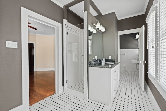 603 Hardeman St, Sealy, TX 77474 - full bath featuring crown molding, a shower stall, and vanity