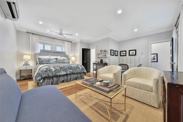 811 Byrne St, Houston, TX 77009 - bedroom featuring a wall mounted AC, wood finished floors, recessed lighting, crown molding, and a ceiling fan