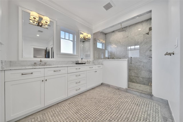 811 Byrne St, Houston, TX 77009 - bathroom with double vanity, ornamental molding, and a shower stall