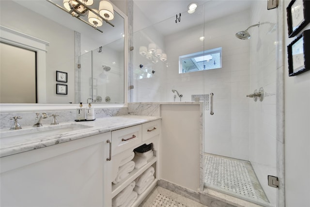811 Byrne St, Houston, TX 77009 - bathroom with a stall shower, a skylight, and vanity