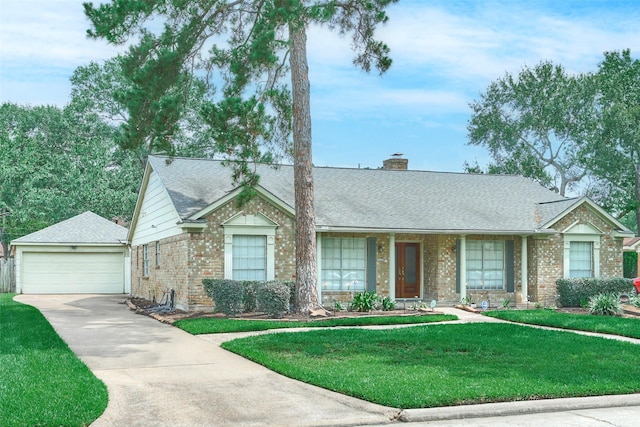 15402 Ripplestream, Houston, TX 77068 - ranch-style house with a front yard, brick siding, a shingled roof, a chimney, and an outbuilding