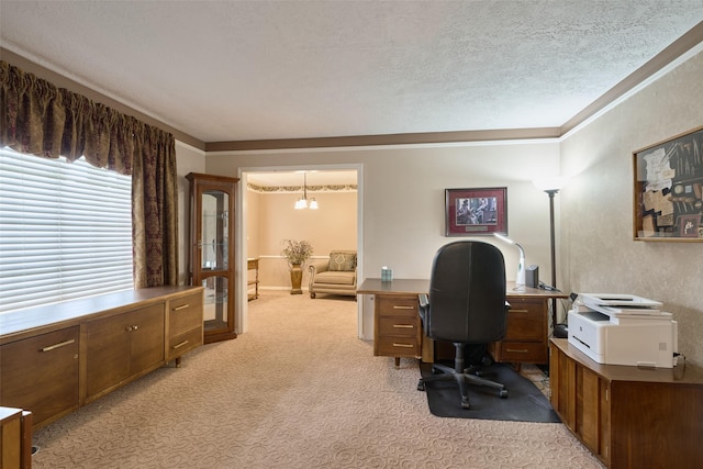 15402 Ripplestream, Houston, TX 77068 - home office with light carpet, crown molding, and a textured ceiling