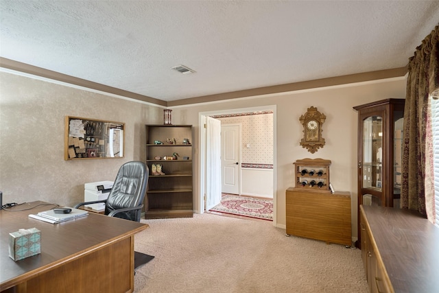 15402 Ripplestream, Houston, TX 77068 - home office featuring light carpet and a textured ceiling
