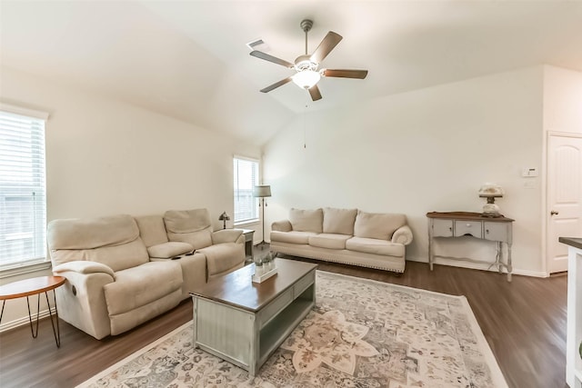 16107 Dockside St, Crosby, TX 77532 - living room featuring ceiling fan, dark wood-style floors, and vaulted ceiling