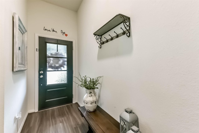 16107 Dockside St, Crosby, TX 77532 - doorway featuring dark wood-type flooring and baseboards