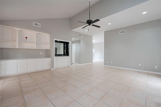 17207 Meadow Butte Dr, Houston, TX 77090 - unfurnished living room featuring a ceiling fan, light tile patterned flooring, recessed lighting, and high vaulted ceiling