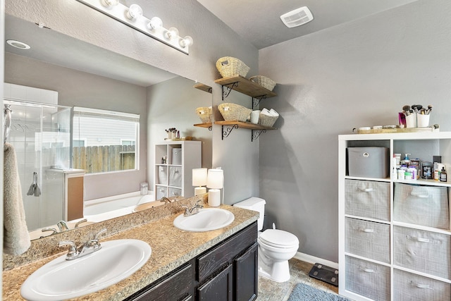 454 Fishhawk Way, Crosby, TX 77532 - bathroom with a bath, a shower stall, and double vanity