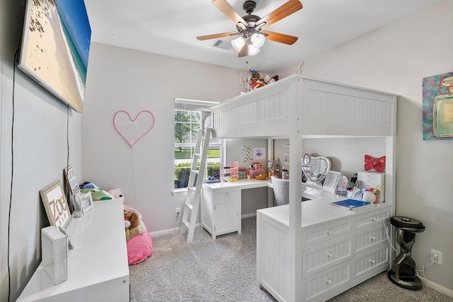 454 Fishhawk Way, Crosby, TX 77532 - bedroom with light colored carpet, a ceiling fan, and a desk
