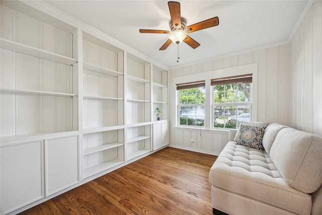 1813 Huge Oaks St, Houston, TX 77055 - sitting room with ornamental molding, dark wood-style flooring, built in features, and ceiling fan