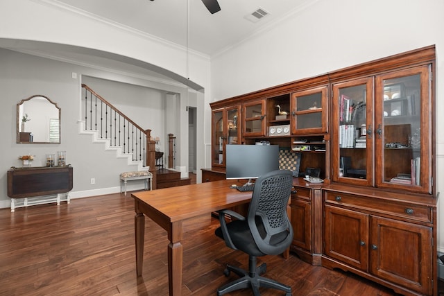 266 Tortoise Creek Pl, The Woodlands, TX 77389 - home office with ceiling fan, ornamental molding, and dark wood-type flooring