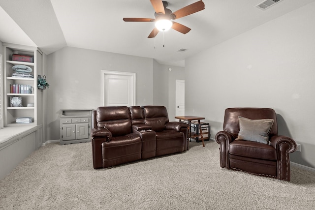 266 Tortoise Creek Pl, The Woodlands, TX 77389 - living area featuring carpet, ceiling fan, and vaulted ceiling