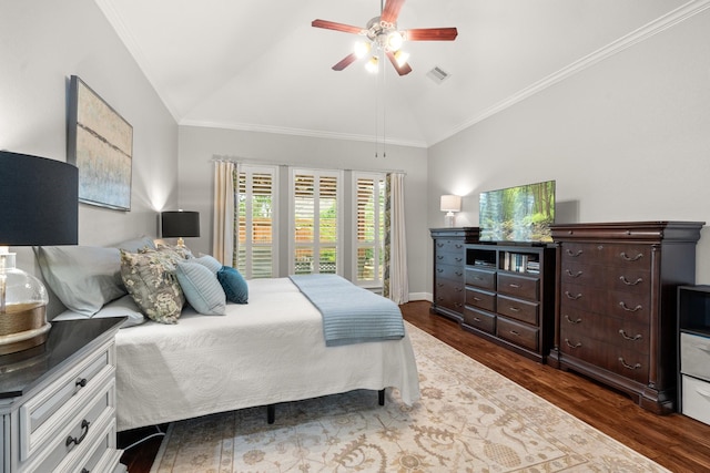 266 Tortoise Creek Pl, The Woodlands, TX 77389 - bedroom with lofted ceiling, dark wood-style flooring, ornamental molding, and ceiling fan
