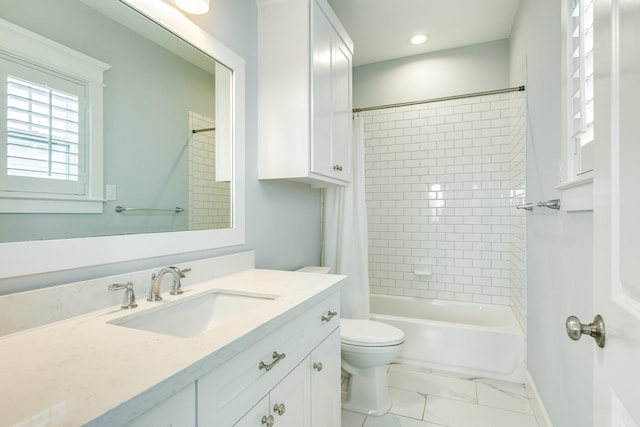 3806 Abalone Rd, Galveston, TX 77554 - bathroom featuring vanity, marble finish floors, and shower / bath combination with curtain