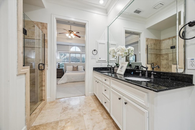 5200 Jackson St, Houston, TX 77004 - full bathroom featuring ensuite bath, double vanity, a shower stall, ornamental molding, and a ceiling fan