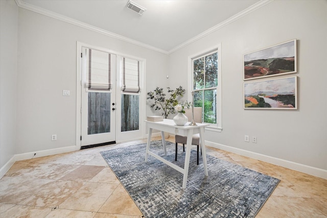 5200 Jackson St, Houston, TX 77004 - tiled home office with ornamental molding and french doors