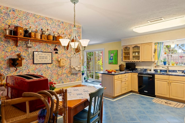 5022 Briarbend Dr, Houston, TX 77035 - kitchen featuring black dishwasher, healthy amount of natural light, a chandelier, a peninsula, and ornamental molding