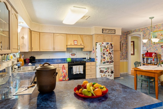 5022 Briarbend Dr, Houston, TX 77035 - kitchen featuring black range with electric stovetop, freestanding refrigerator, custom range hood, light brown cabinetry, and wallpapered walls