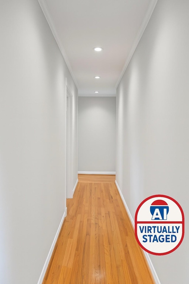 5022 Briarbend Dr, Houston, TX 77035 - hallway with light wood finished floors, ornamental molding, and recessed lighting