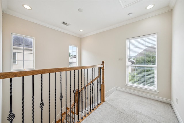 1316 Birdsall St, Houston, TX 77007 - hall with an upstairs landing, crown molding, carpet flooring, and recessed lighting