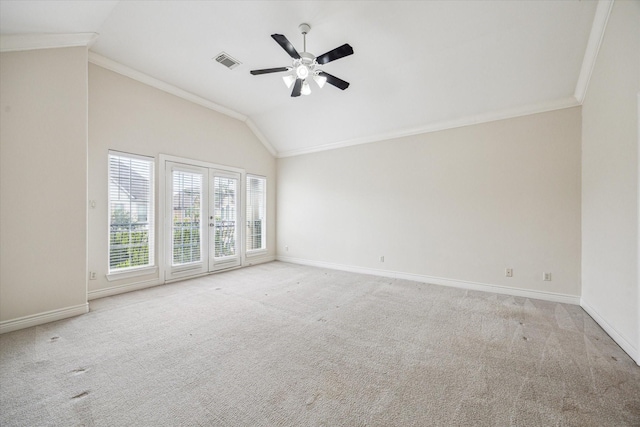 1316 Birdsall St, Houston, TX 77007 - carpeted spare room featuring lofted ceiling, ceiling fan, and crown molding