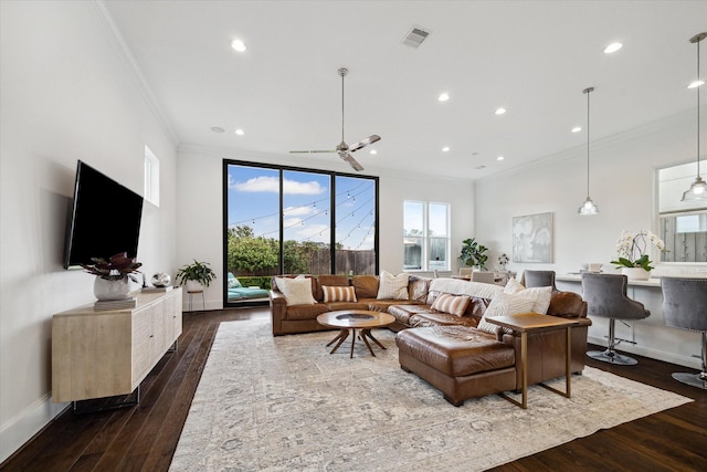 6114 Cottage Grove Lake Dr, Houston, TX 77007 - living room featuring crown molding, dark wood-style flooring, recessed lighting, and ceiling fan