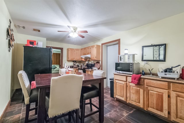 7528 Gainesville St, Houston, TX 77020 - kitchen with stainless steel microwave, under cabinet range hood, electric range, a ceiling fan, and freestanding refrigerator