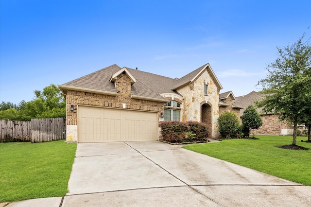 5107 Preserve Park Dr, Spring, TX 77389 - french provincial home with concrete driveway, an attached garage, brick siding, a shingled roof, and stone siding