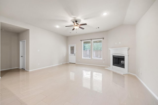 5107 Preserve Park Dr, Spring, TX 77389 - unfurnished living room featuring ceiling fan, a fireplace with raised hearth, and recessed lighting