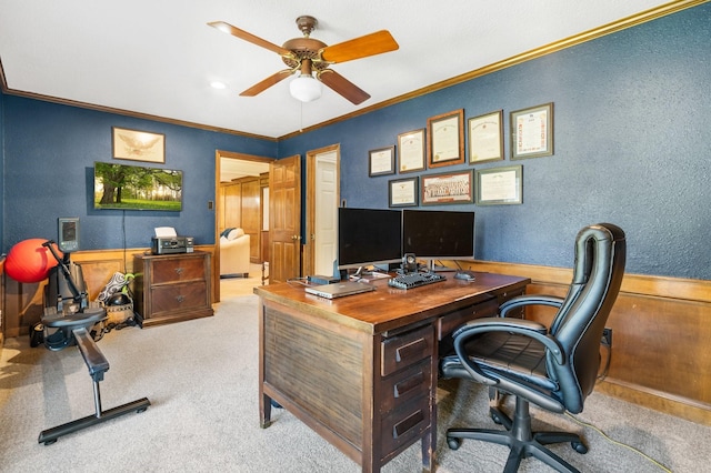 9611 Stockport Dr, Spring, TX 77379 - office space with carpet, a ceiling fan, crown molding, and a textured wall