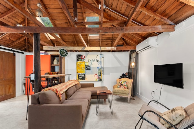 3809 Billingsley St, Houston, TX 77009 - living area with a wall mounted AC, wooden ceiling, and a barn door