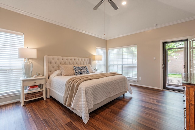 1907 Garden Fern Ct, Houston, TX 77062 - bedroom featuring access to outside, dark wood-style flooring, ornamental molding, a ceiling fan, and vaulted ceiling
