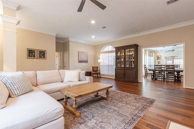 1907 Garden Fern Ct, Houston, TX 77062 - living area with ceiling fan, ornamental molding, healthy amount of natural light, wood finished floors, and recessed lighting