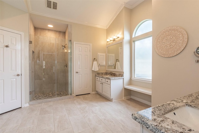 1907 Garden Fern Ct, Houston, TX 77062 - bathroom with ornamental molding, vanity, a shower stall, and a towering ceiling
