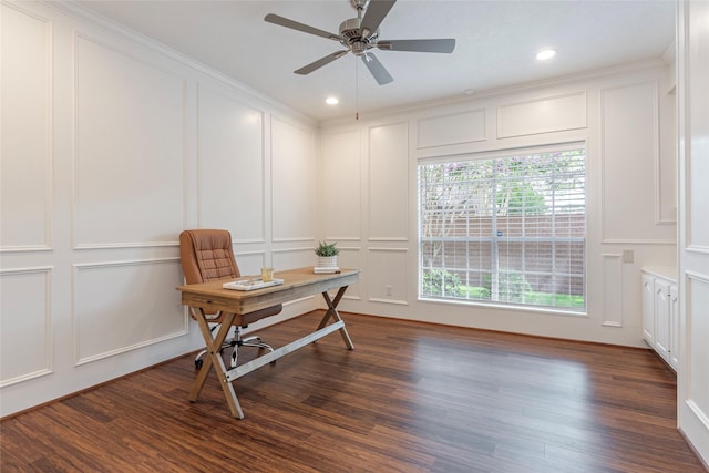 1907 Garden Fern Ct, Houston, TX 77062 - home office with a decorative wall, a ceiling fan, dark wood finished floors, and recessed lighting